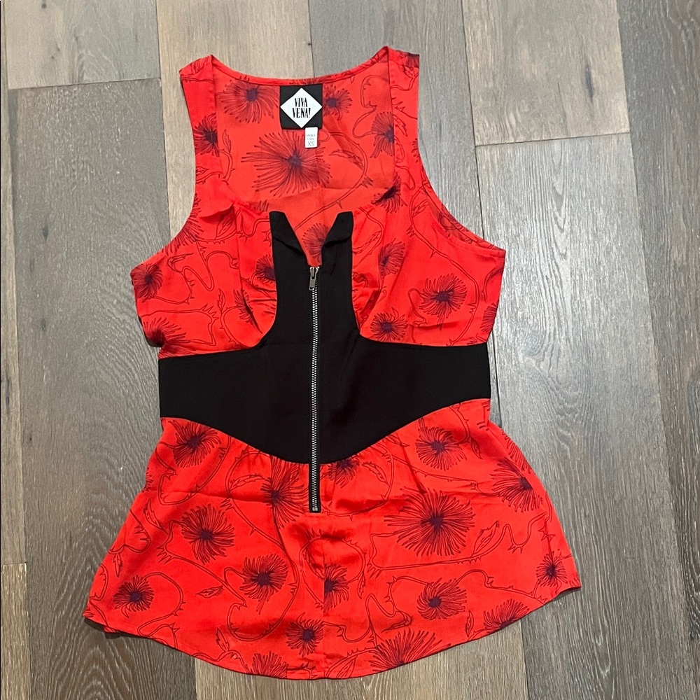 Silk Red Floral Blouse with Black Accents